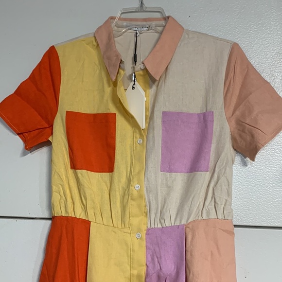 ENGLISH FACTORY COLORBLOCK BUTTON UP LINEN DRESS MIDI SMALL NEW WITH TAGS - Picture 3 of 8